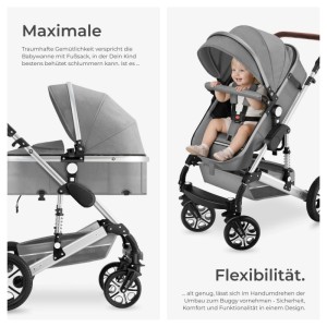 Tectake Kombi Kinderwagen Mats 2 In 1  Klappbar  Mit 5 Punkt Gurt  Bremse  Schutzbügel und Handschlaufe Verstellbare Rückenlehne und Schiebegriff  Fal