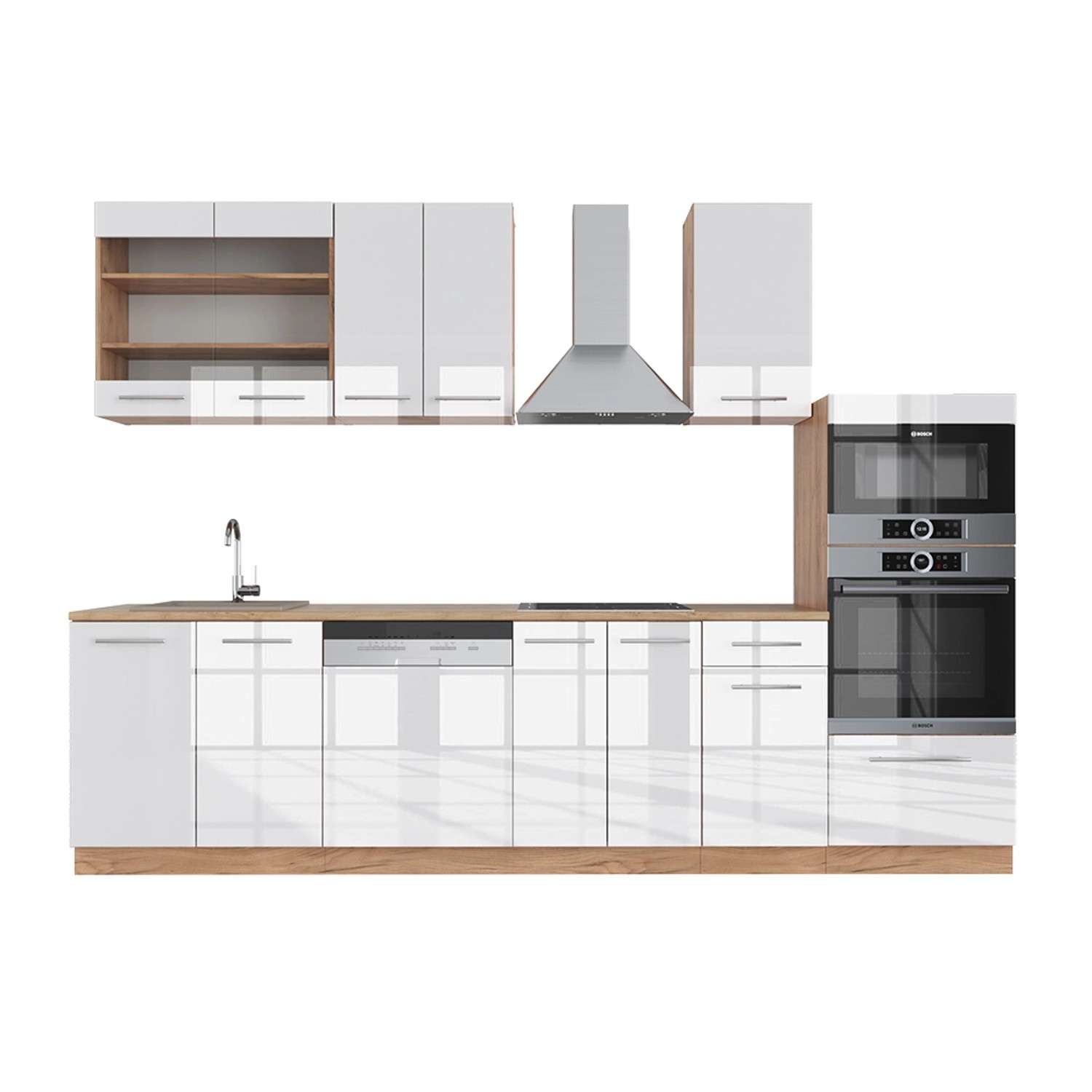 Vicco Fame-Line Küchenzeile Weiß Hochglanz/Goldkraft Eiche 300 cm mit Hochs günstig online kaufen