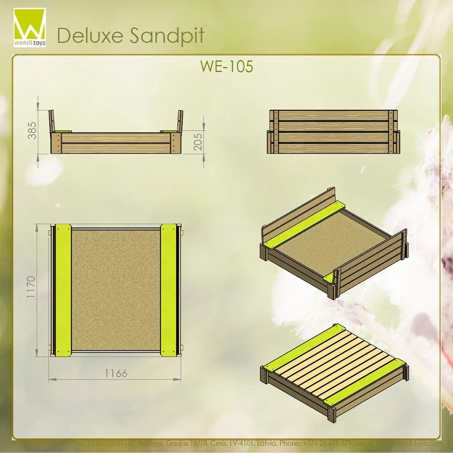 Wendi Toys Sandkasten mit Abdeckung und Sitzflächen, Holz, FSC®-zertifiziert, 120x120cm.