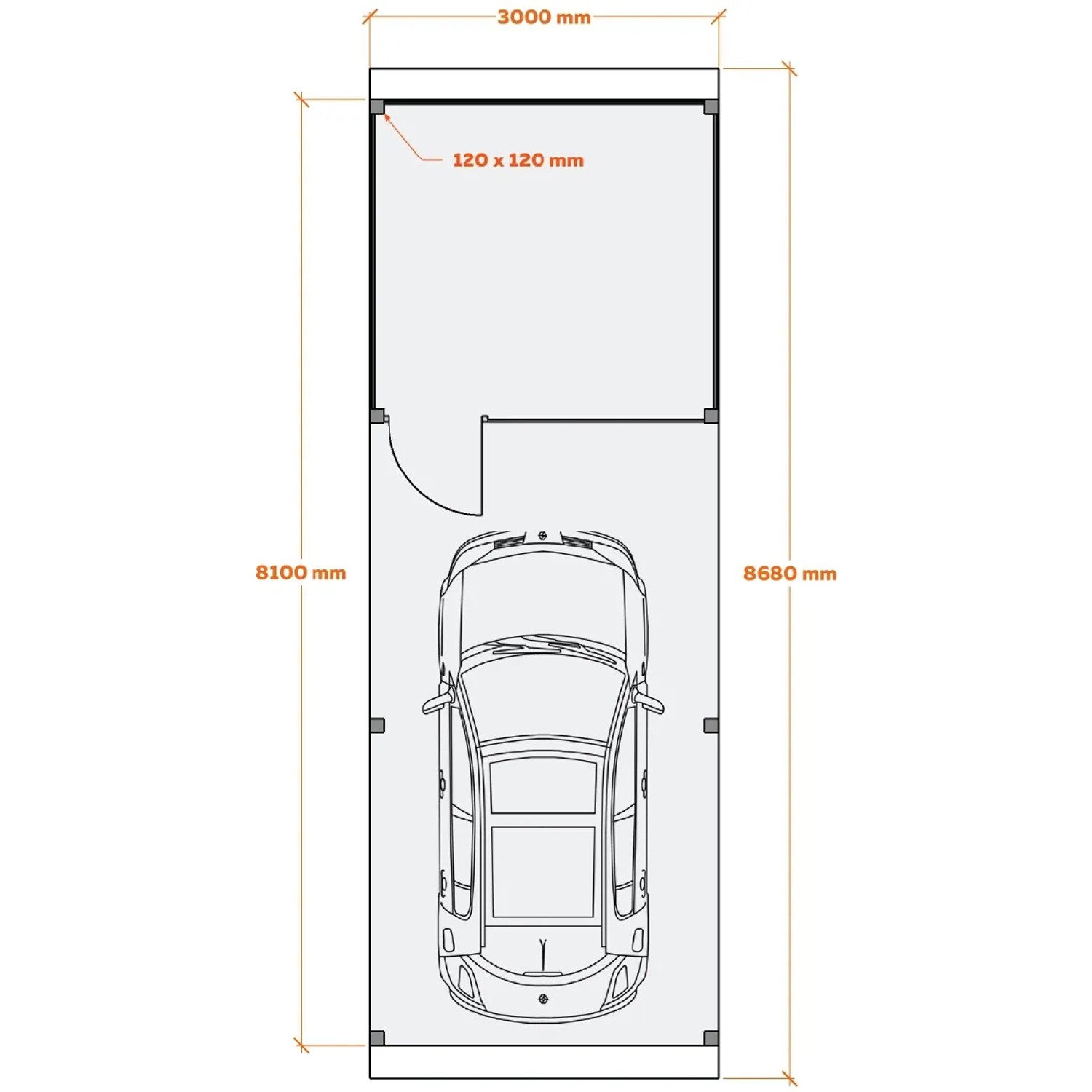 Grundrisszeichnung Holzbrüder Carport Ralf mit Geräteraum, Maße: 300x868 cm.