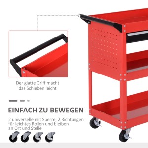 Furnicato Werkzeugkoffer Trolley Box, rot, mit 3 Ebenen und 4 Rollen für Werkstatt & Garage.