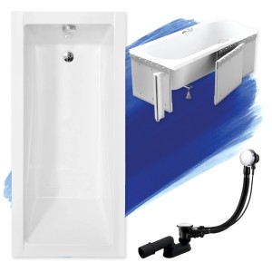 Set: Weiße Rechteck-Badewanne MODERN 150x70 aus Acryl mit Styroporverkleidung, Ablauf und Füßen.