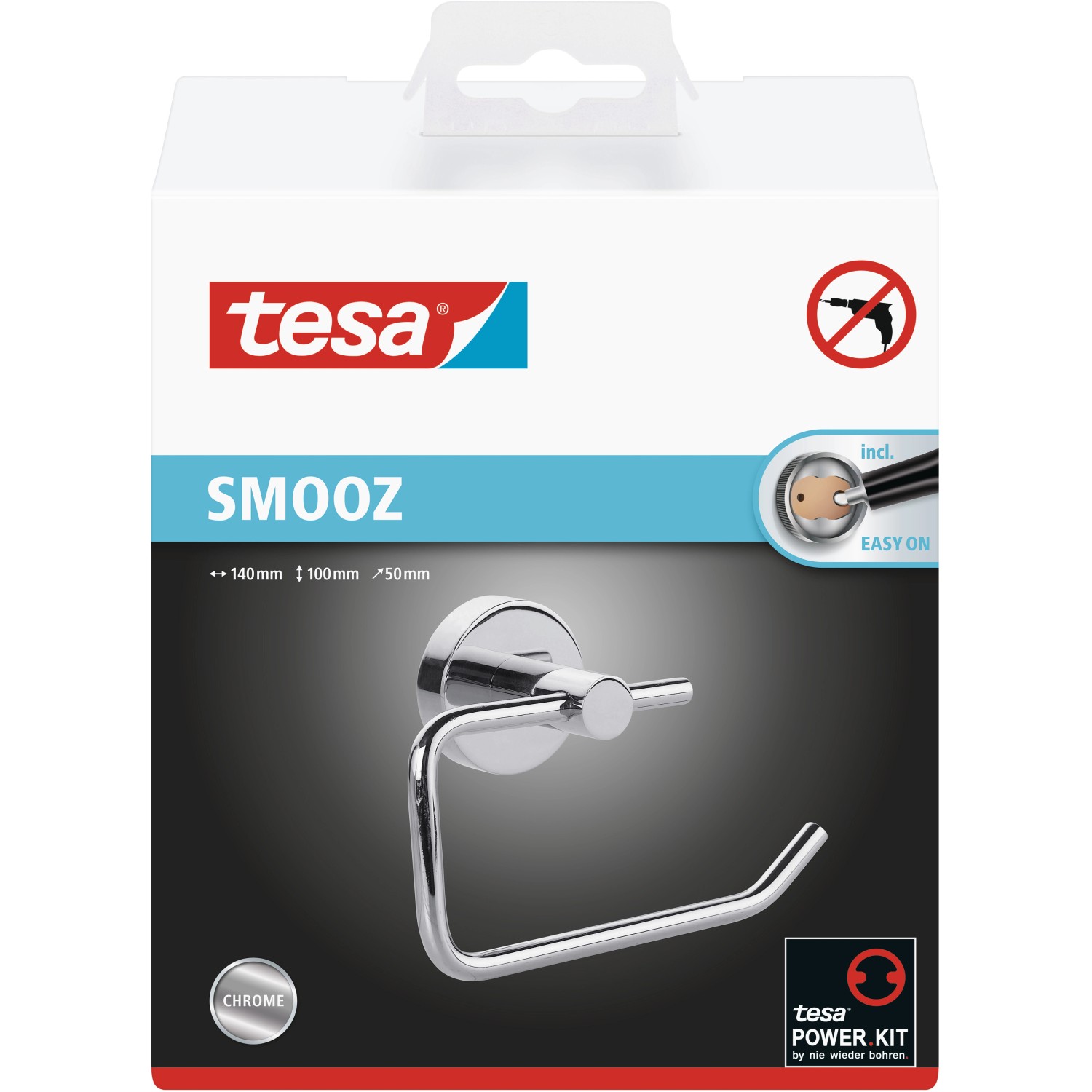 Tesa Smooz Toilettenpapierhalter, hochglanzverchromt, zur Wandmontage ohne Bohren.