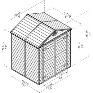 Skizze des Palram Canopia Gerätehauses Skylight 185x154 cm in Grau mit Maßangaben.