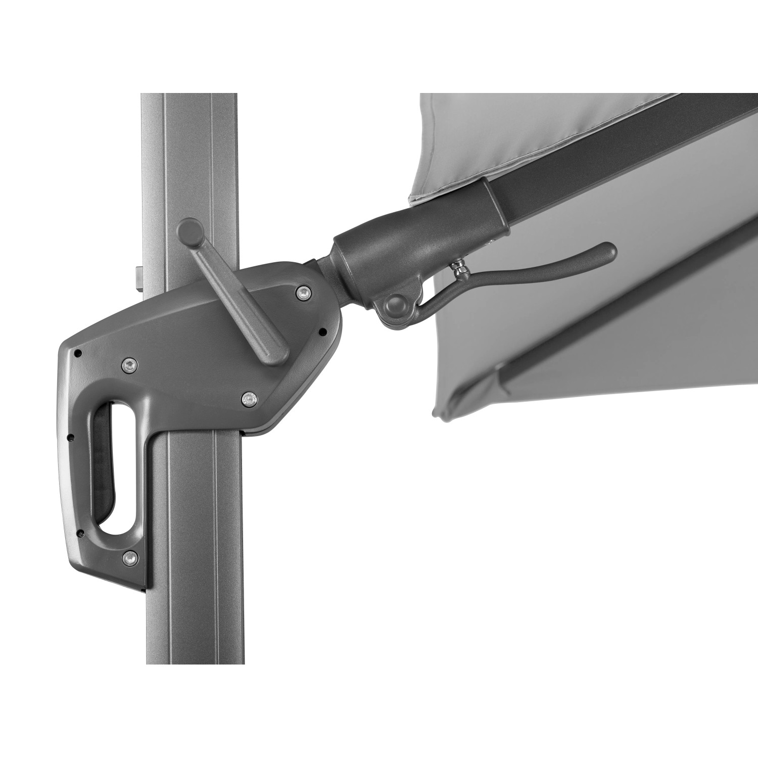 Detailaufnahme: Silbergrauer Schneider Ampelschirm (300 cm) mit Kurbelmechanik.