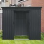 Pergart Metall-Gerätehaus Leipzig, anthrazit, 2 m², mit breitem Eingang auf Rasenfläche.
