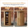 Runder Bartisch in Holzoptik mit integriertem Stauraum, offen und geschlossen, für Flaschen und Gläser.