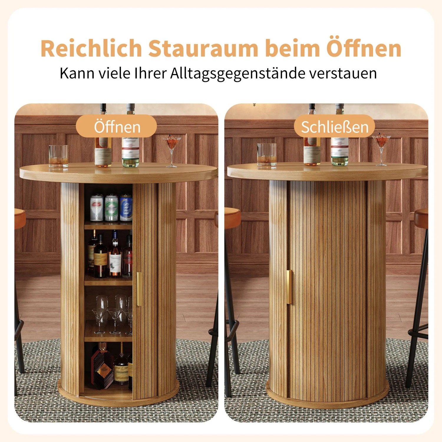 Runder Bartisch in Holzoptik mit integriertem Stauraum, offen und geschlossen, für Flaschen und Gläser.