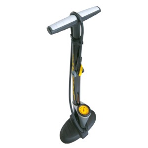 Topeak Standpumpe JoeBlow Max II in Schwarz mit T-Griff, gelbem Manometer und Schlauch. Für Fahrradreifen.
