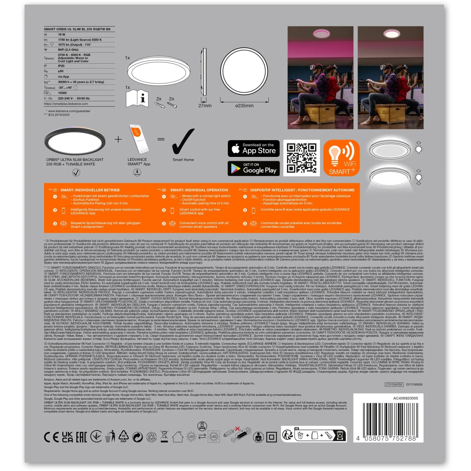 Verpackung der Ledvance Smart+ LED-Deckenleuchte Orbis Ultra Slim mit Rücklicht, schwarz, Ø 23 cm.