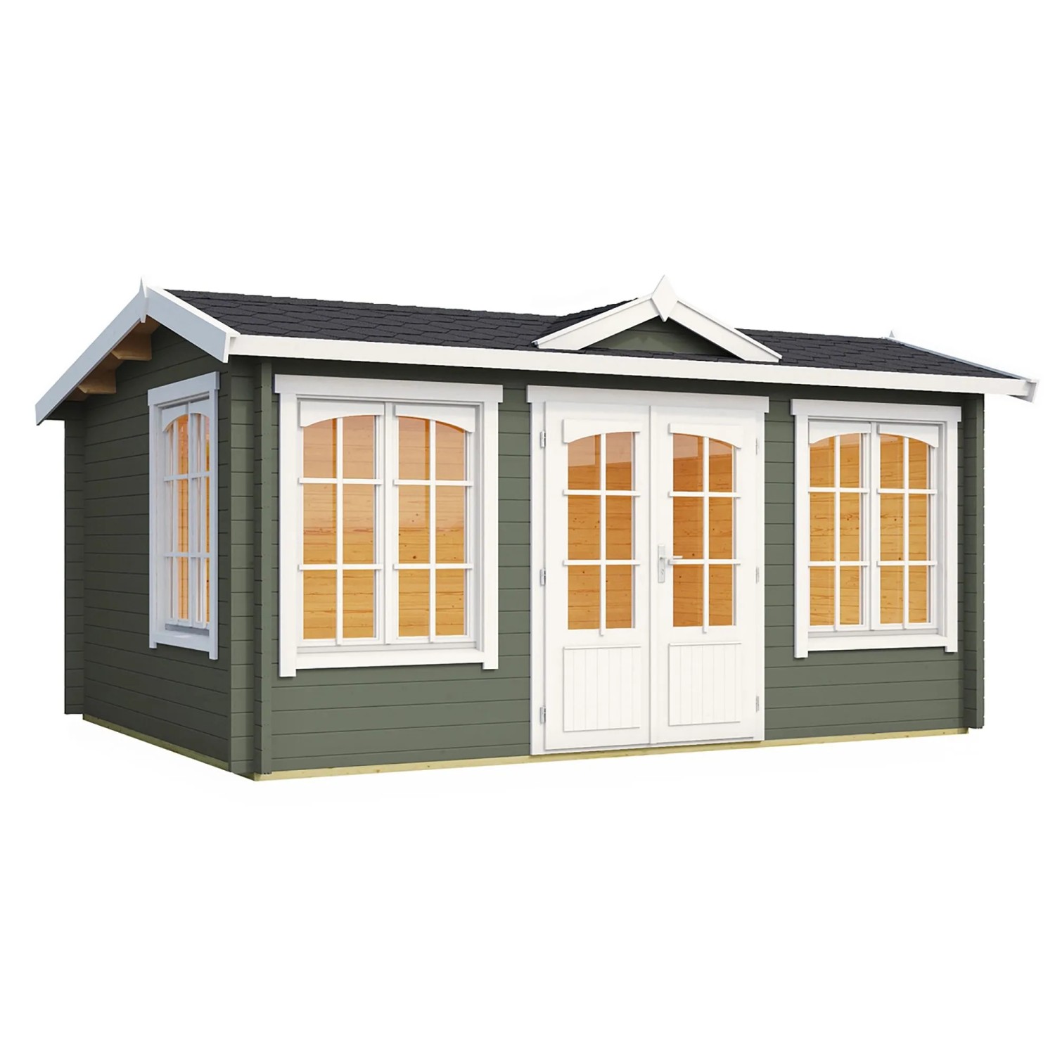 Lasita Gartenhaus Windsor 44, grau-grün, 400x300 cm. Holz-Gartenhaus mit Doppeltür und Fenstern.