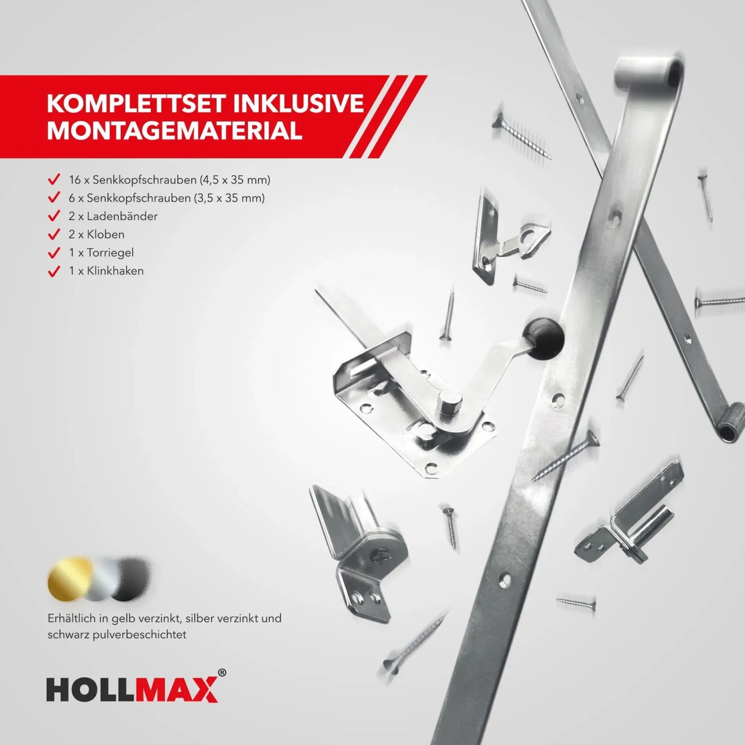 Hollmax Beschlagset, feuerverzinkt, silber: Komplettset für Gartentore mit Bändern, Kloben, Torfalle und Schrauben.