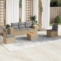 Beige 6-tlg. Garten-Sofagarnitur aus Rattan mit Kissen. Gartenmöbel-Set mit Tisch und Stühlen.