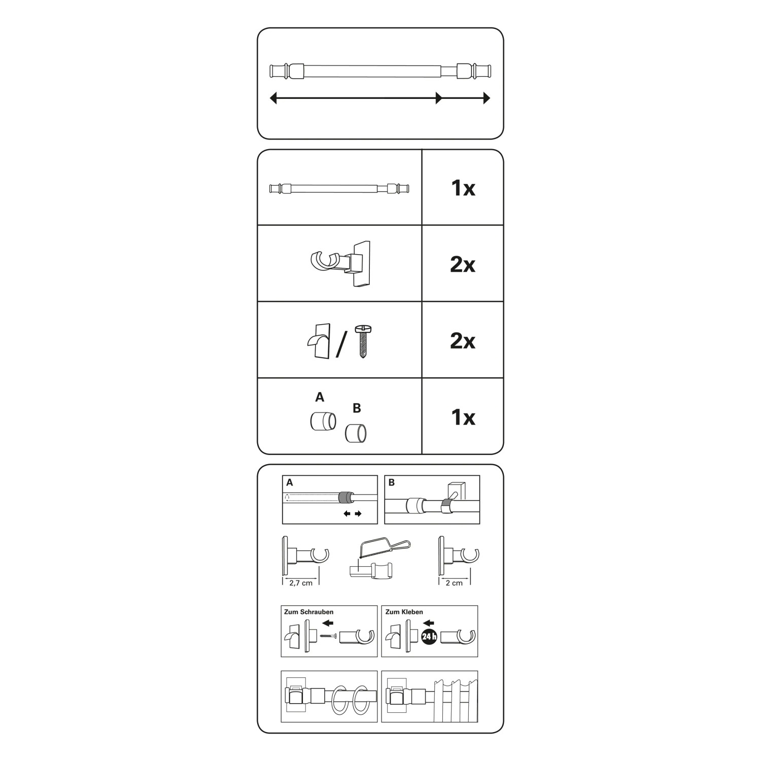 Montageanleitung Gardinia Caféhausstange California Chrom, ausziehbar mit Zubehör.