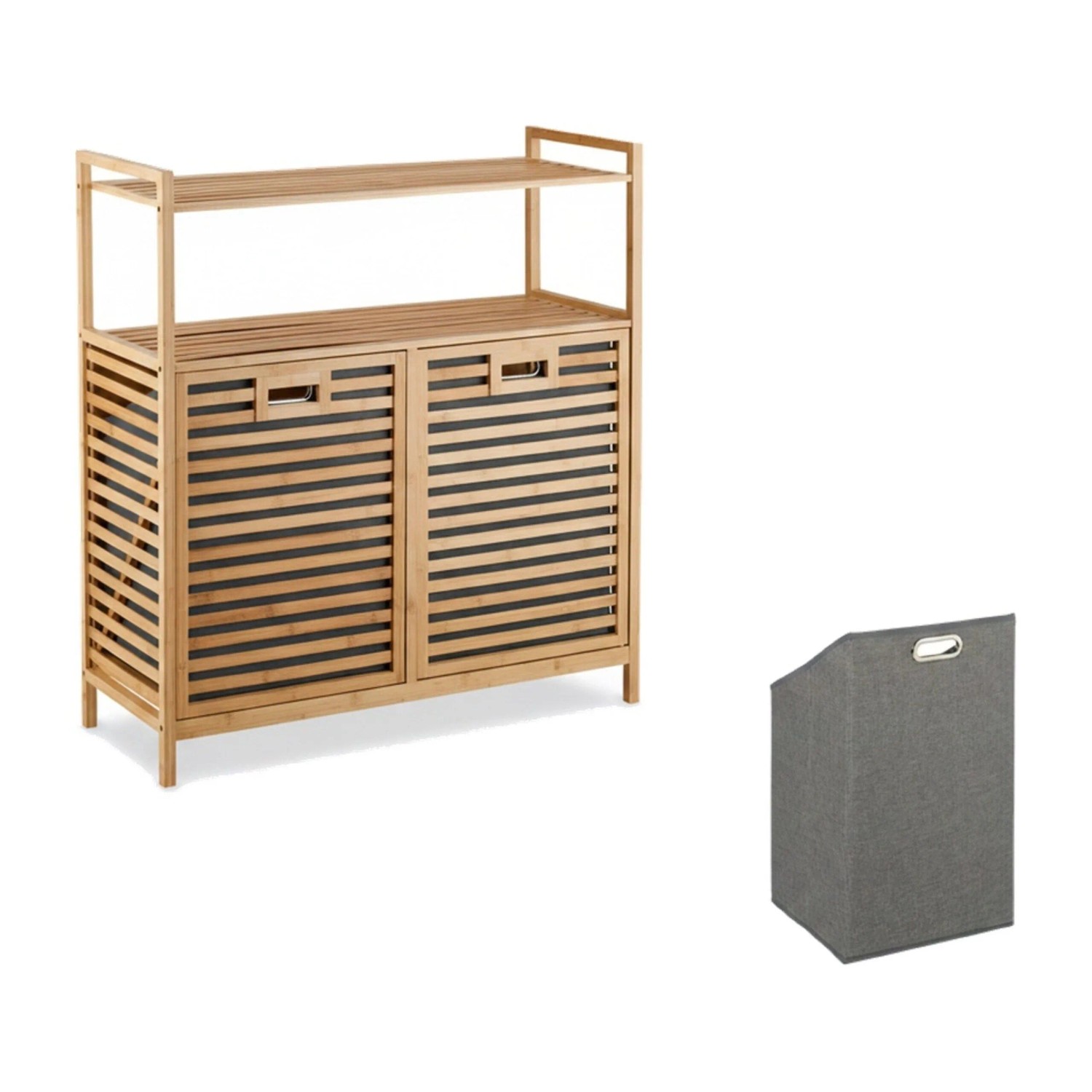 Relaxdays Wäschekorb Bambus Grau Mit 2 Ablagen 95 cm x 88 cm x 33 cm