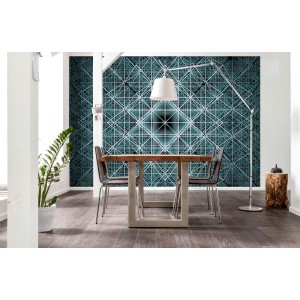 Komar Vliesfototapete Matrix, 368x248cm, mit blauem 3D-Gittermuster im modernen Wohnraum.