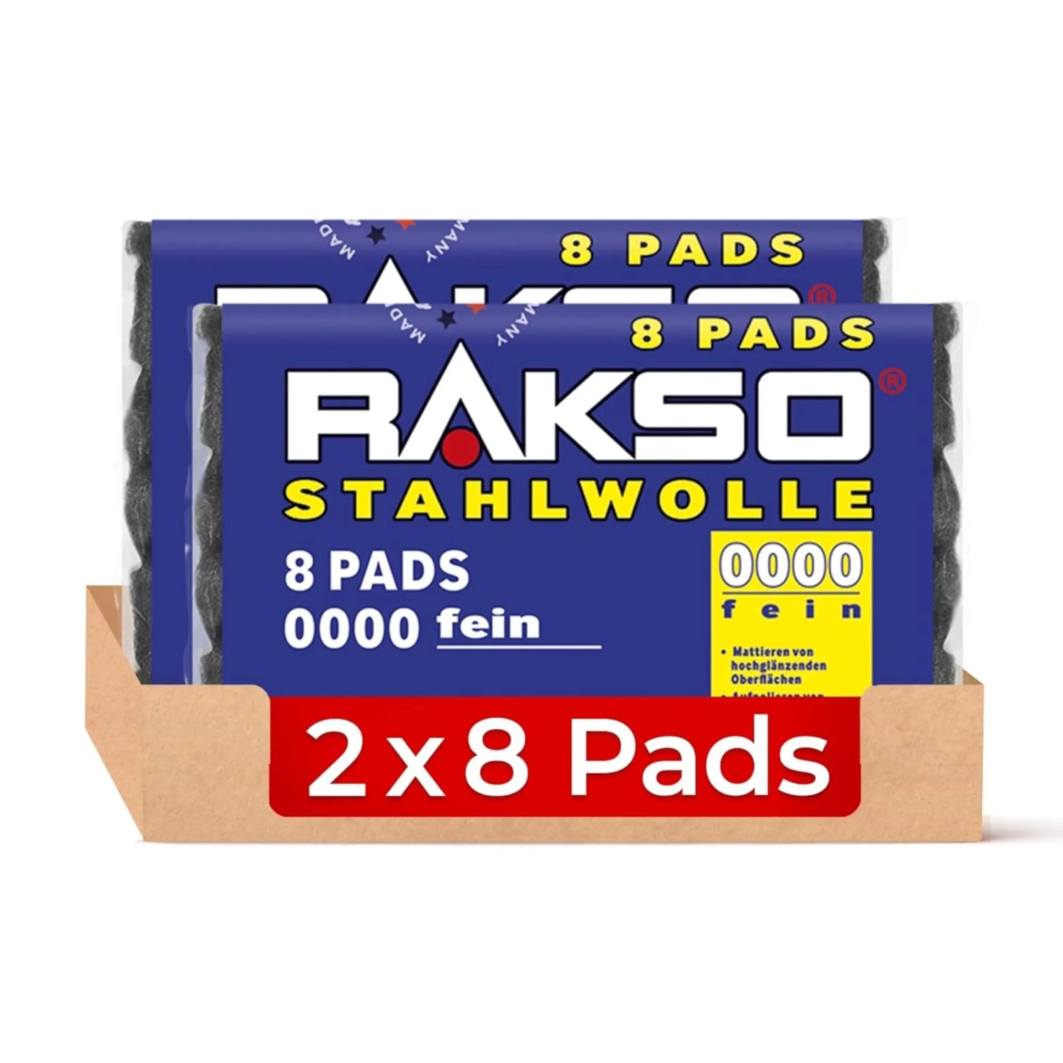 RAKSO Stahlwolle Pads Sorte 0000 Extra-Fein 2 x 8 Stück