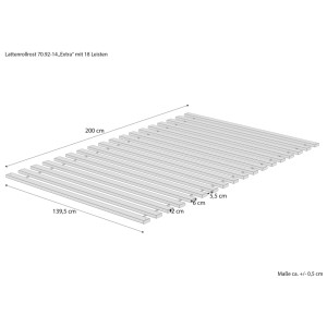 Technisches Diagramm des stabilen Erst-Holz Lattenrollrosts 140x200 cm aus Fichte/Tanne mit 18 Leisten.