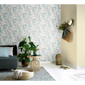 Erismann Vliestapete Casual Chic mit Blumenwiese in Türkis-Blau im Cottage-Stil.