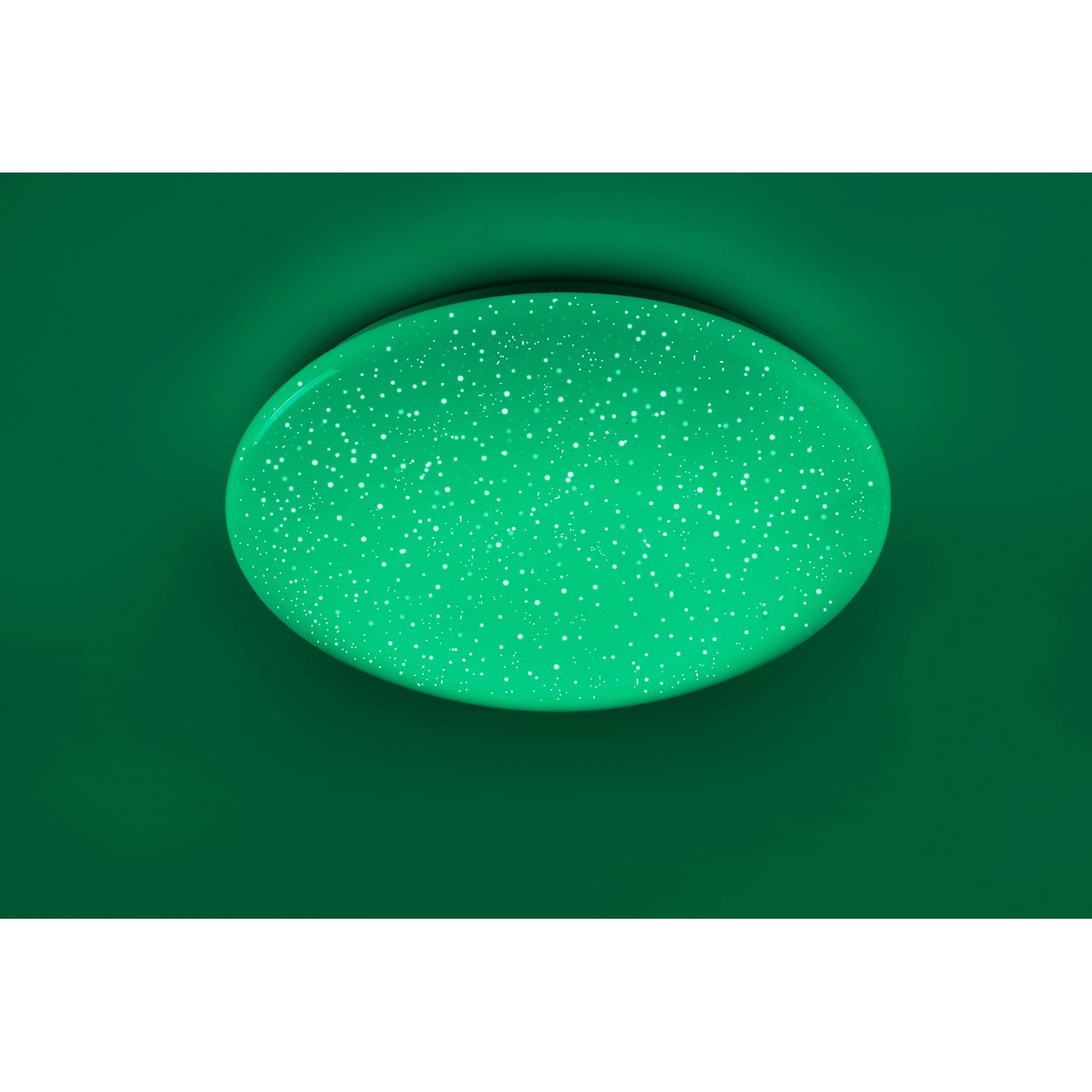 Weiße LED-Deckenleuchte Skyler (Ø 39 cm) mit Sternenhimmel-Effekt, leuchtet grün.