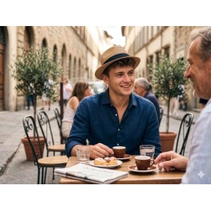 Mann trägt braunen Strohhut mit schwarzem Textilband im Café. Stilvoller Herren Sonnenhut in Fedora-Form.