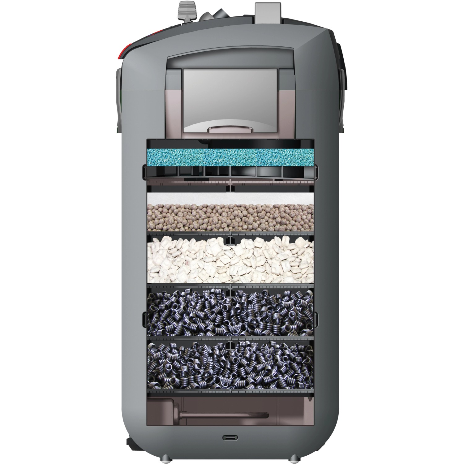 Eheim Thermofilter Professionel 5e 600T, Aquarium Filter mit verschiedenen Filtermedien im Querschnitt.