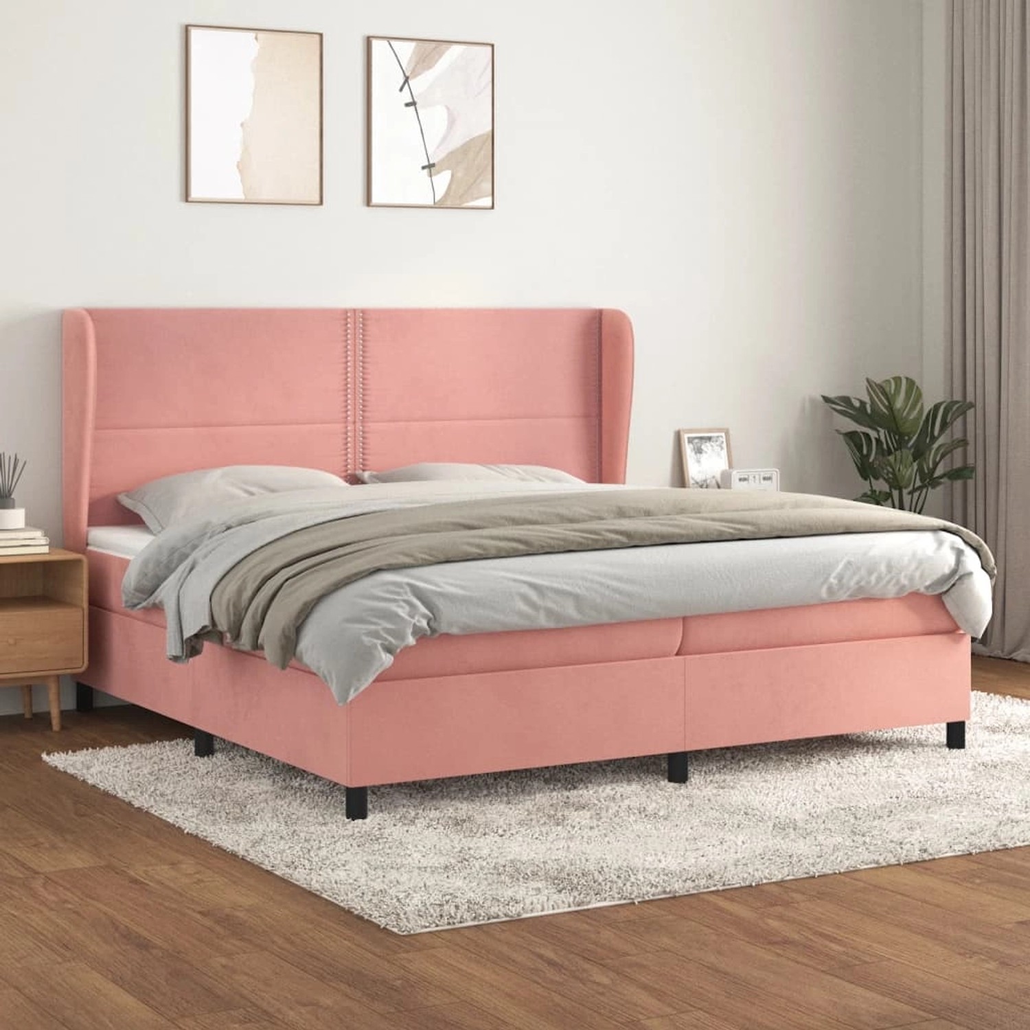 Rosa vidaXL Boxspringbett 200x200 cm mit Samtbezug, inklusive Matratze und Topper.
