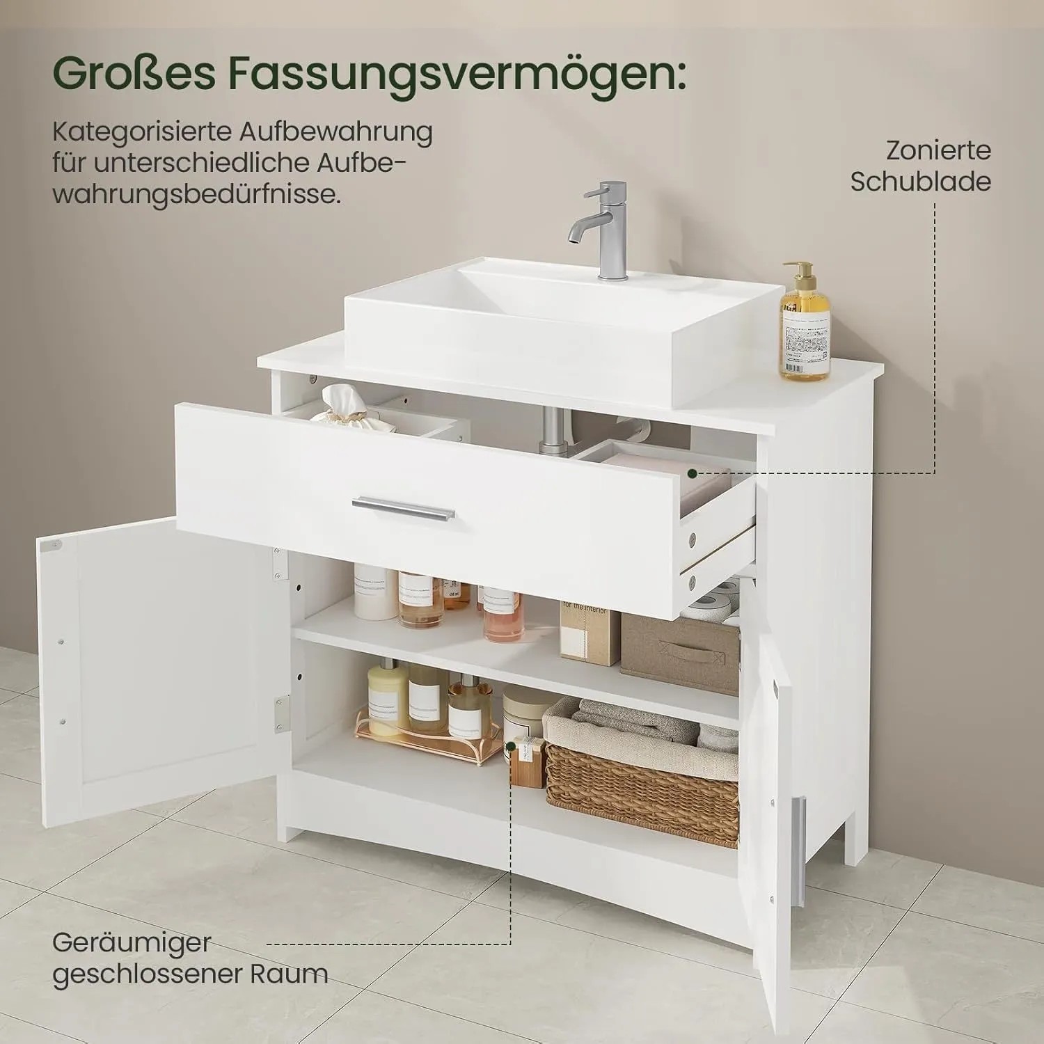 Weißer Waschbeckenunterschrank mit offener Schublade und zwei Türen, zeigt viel Stauraum und Fächer.
