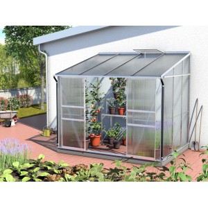Anlehn-Gewächshaus Ida 5200 mit Alu-Rahmen und Hohlkammerplatten, an Hauswand montiert.
