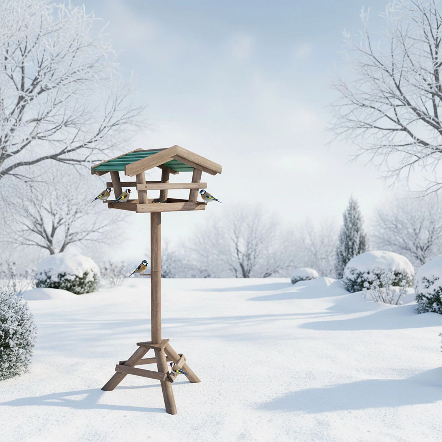 Vogelfutterhaus aus Tannenholz mit grünem Dach und Ständer im winterlichen Garten.