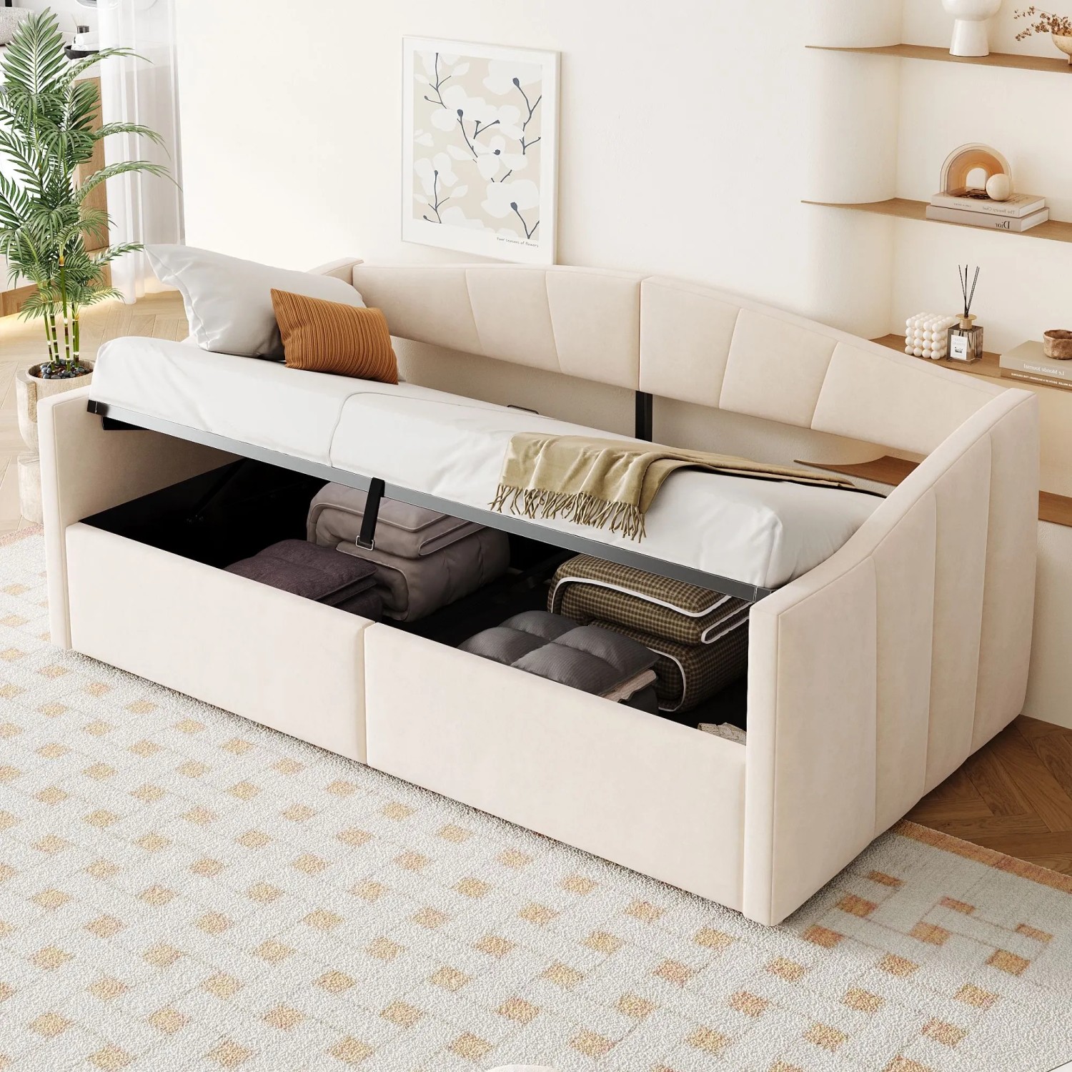 Merax Sofabett 90x200cm Hydraulik Stauraum Lattenrost Beige
