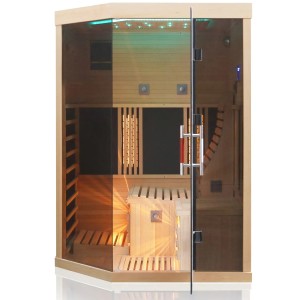 Dewello Infrarotkabine Ottawa für 2 Personen aus Hemlock-Holz mit Glasfront und Vollspektrumstrahler.