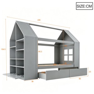 Graues Merax Kinder Hausbett 90x200 cm mit Regal, zwei Schubladen und Fenster. Funktionales Stauraumbett für Kinder.