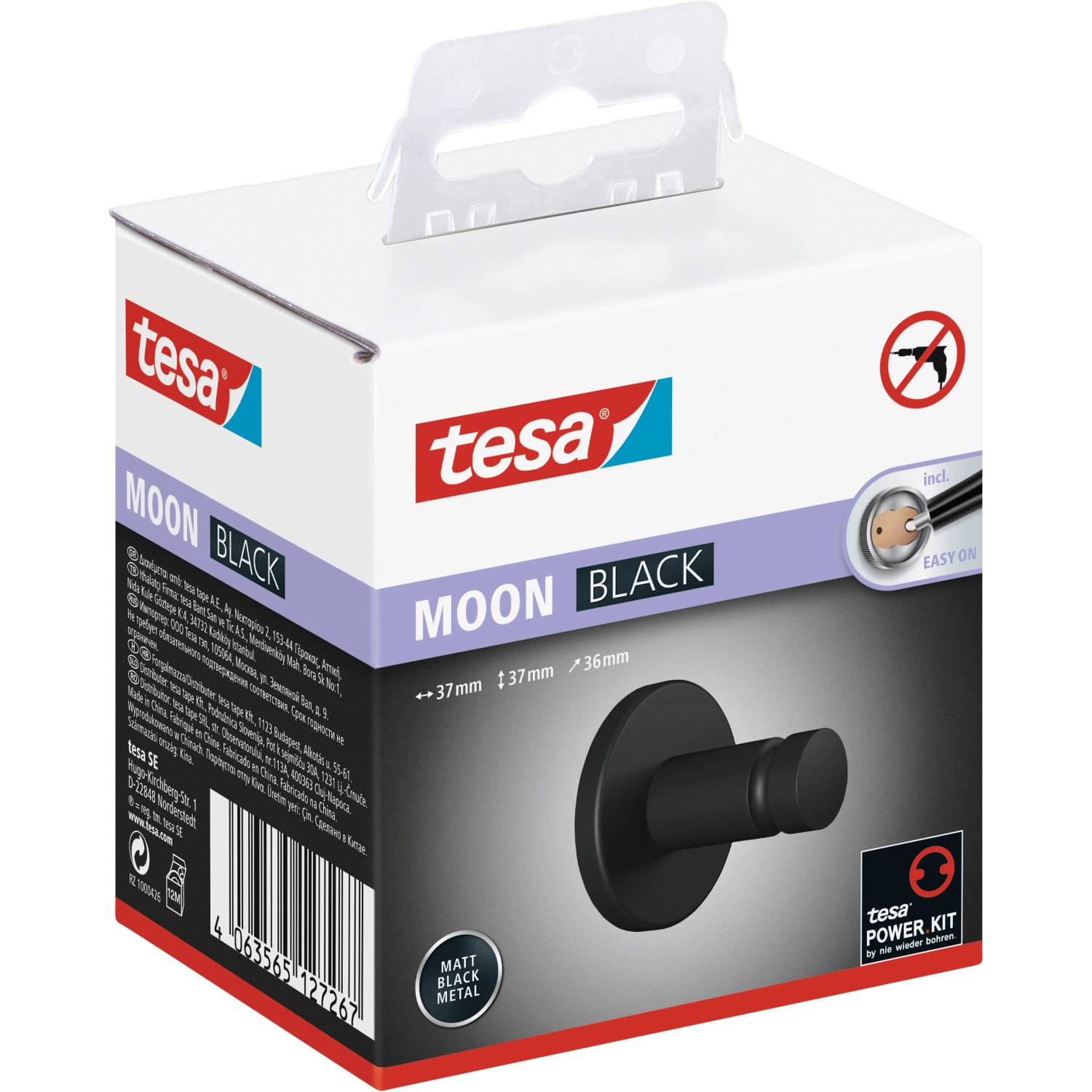 Verpackung des Tesa Handtuchhaken Moon Schwarz Matt inkl. Klebelösung. Rostfreier, schwarzer Handtuchhalter.