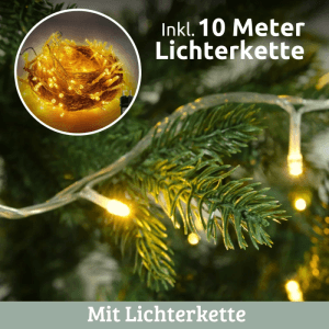 Detailaufnahme: Künstlicher Weihnachtsbaum mit Lichterkette, Nordfichte, naturgetreu.