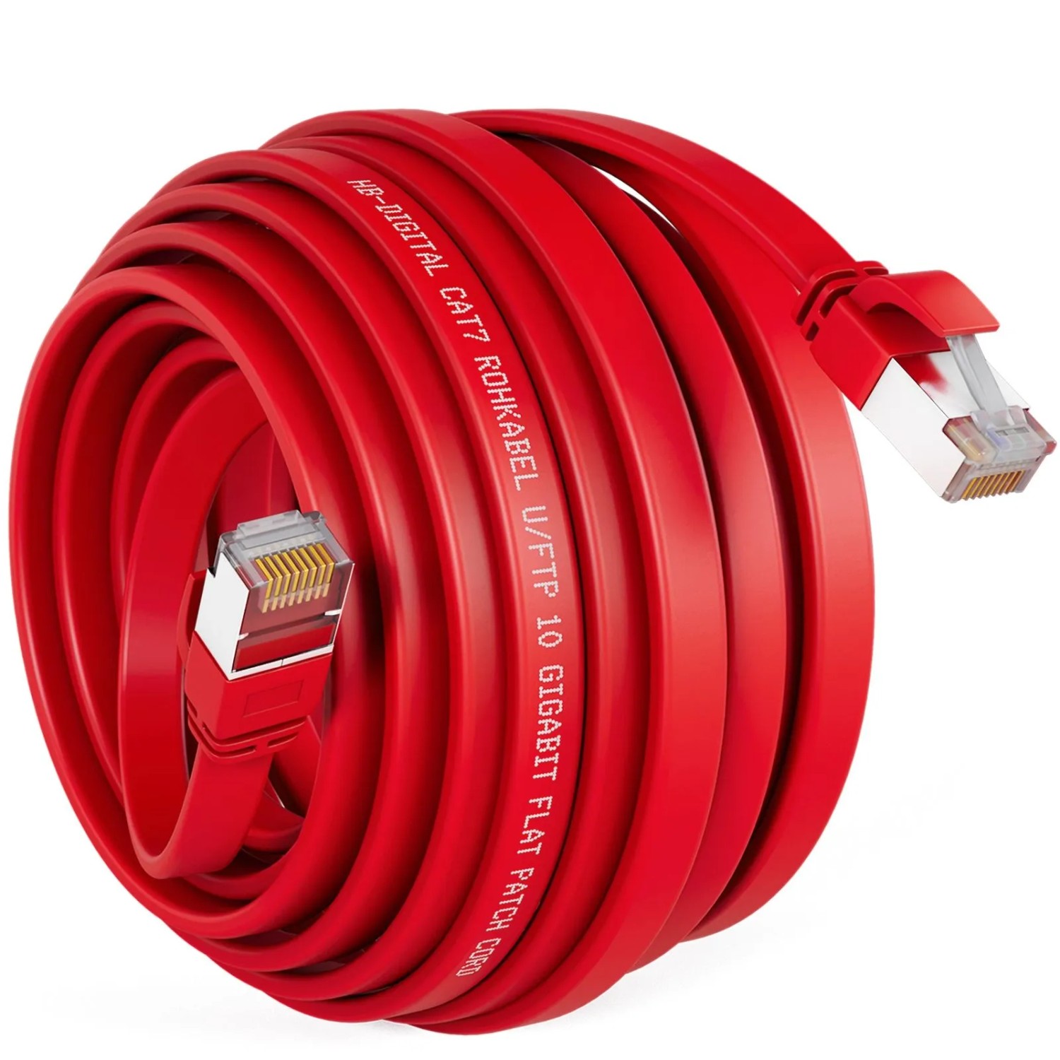 hb-digital LAN Kabel Flach CAT 7 Rohkabel Patchkabel CAT7 RJ45 U/FTP PVC 15m Rot