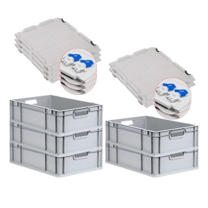 PROREGAL SuperSparSet: 5 graue Euroboxen mit Scharnierdeckel und blauen Verschlüssen, gestapelt.