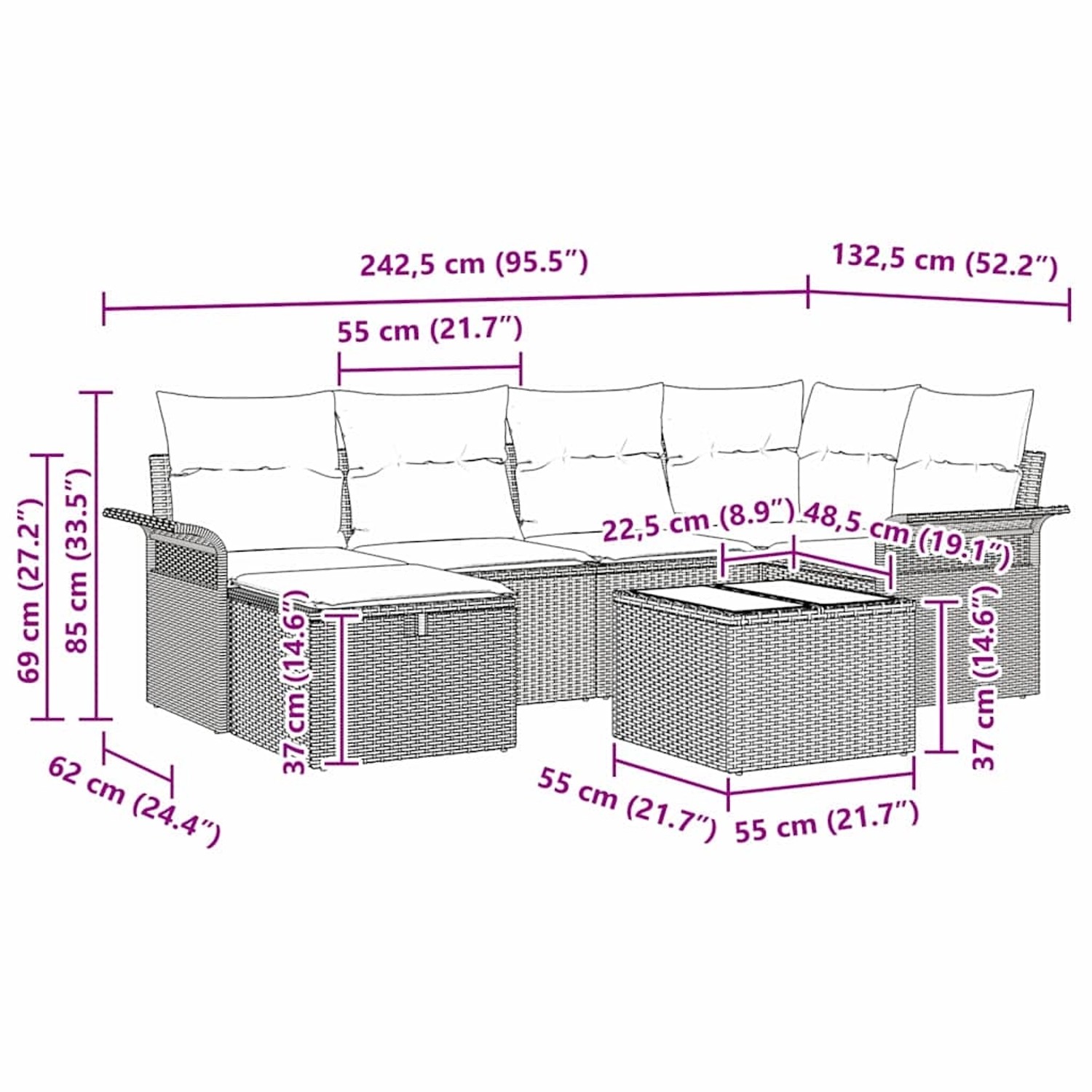 Beiges 7-teiliges vidaXL Garten-Sofa-Set aus Rattan mit Kissen und Stauraum, Abmessungen sichtbar.