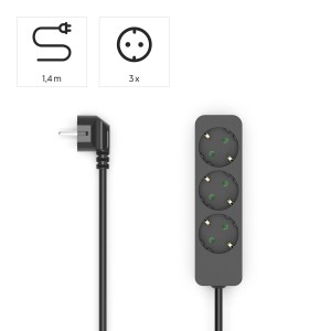 Schwarze Hama Steckdosenleiste mit 3-Fach-Anschluss und 1,4 m Kabel für den Innenbereich.