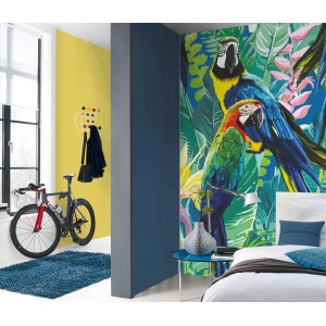 Erismann Fototapete Zooom Cheeky Parrots mit Papageien und tropischen Blättern in Grün, Blau und Gelb.