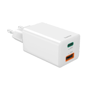 Weißes Hama Mini-Ladegerät mit USB-C und USB-A Anschluss, 45W Leistung.