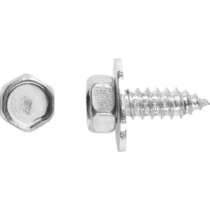 Silberne Universalschraube 6,3 x 16 mm mit Außensechskant-Antrieb und Unterlegscheibe.