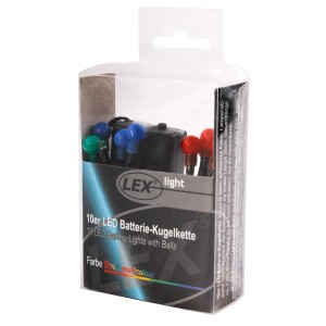 Lex 10er LED Batterie-Lichterkette mit bunten Kugeln in transparenter Verpackung für Innenräume.