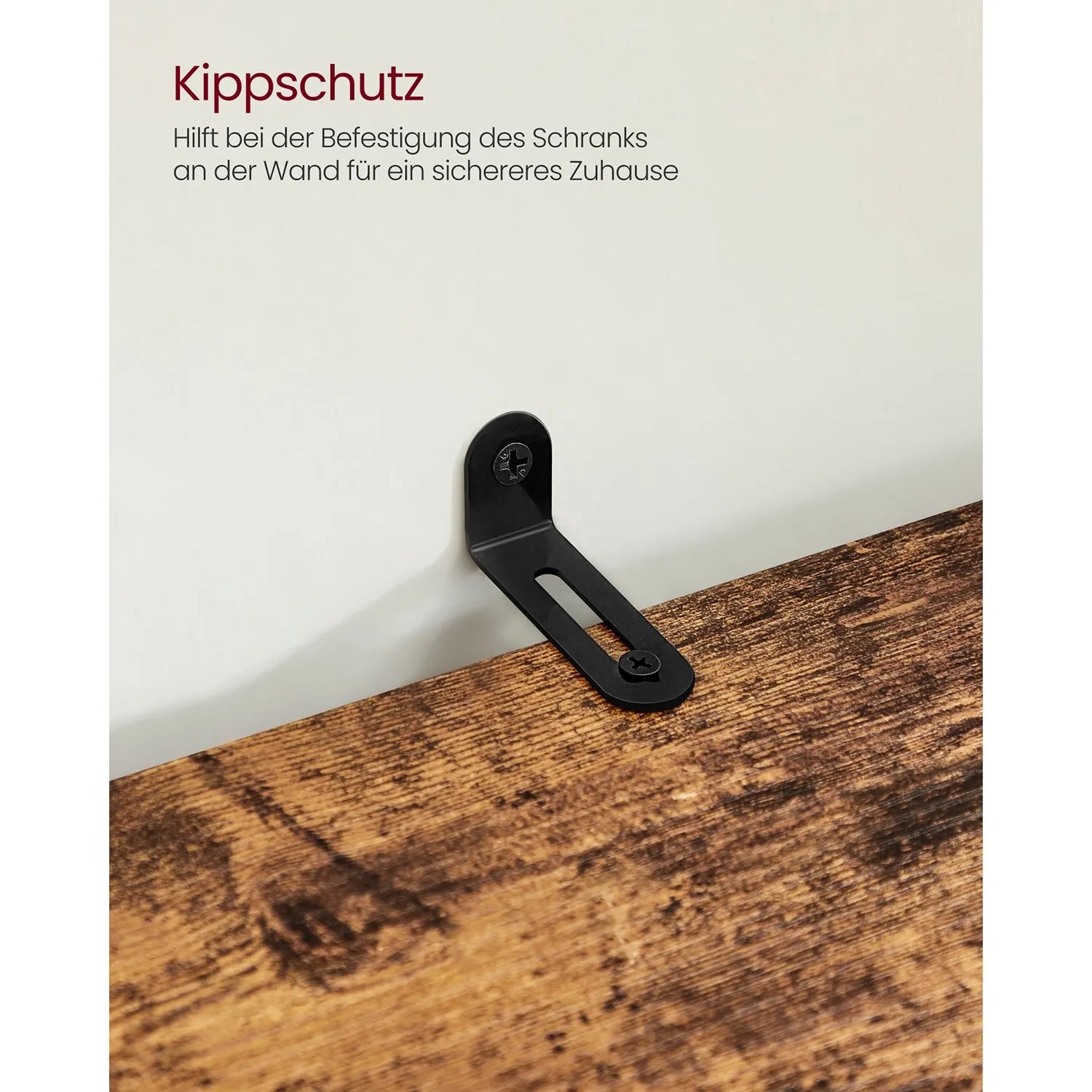 Detailaufnahme Kippschutz zur Wandbefestigung am Vasagle Badezimmerschrank.