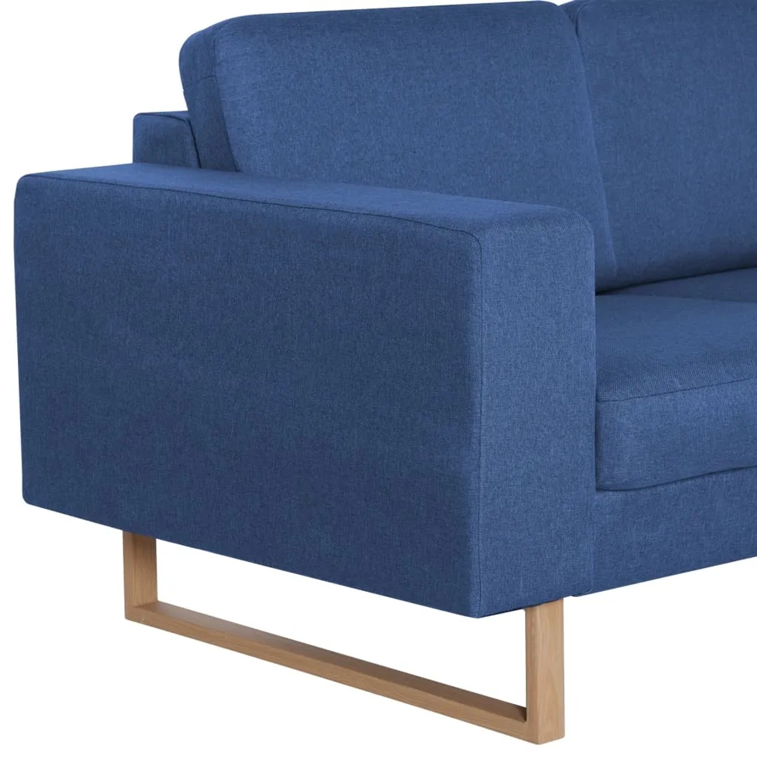 Blaues 3-Sitzer Sofa vidaXL Modell 4 mit Stoffbezug und Holzfüßen.