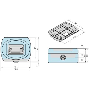 Technische Zeichnung der Basi Kinder-Spardose KSD 10 mit Maßen und Details.