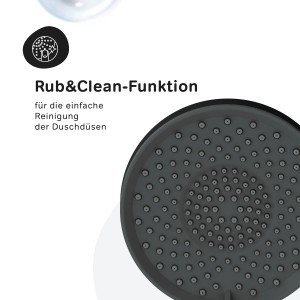 Detailaufnahme des AM.PM Duschkopfes in Schwarz mit Rub&Clean Funktion für einfache Reinigung.