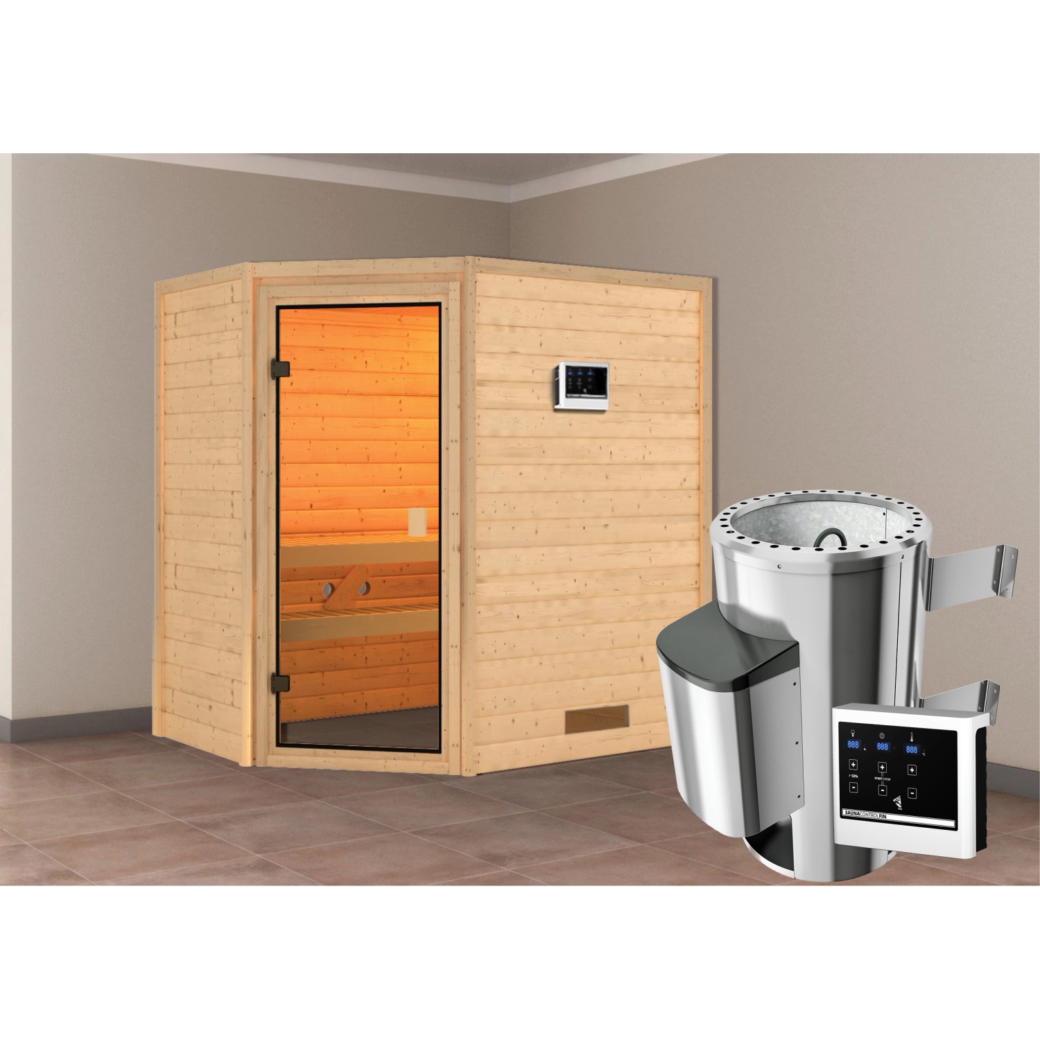 Karibu Sauna Jella mit Ofen externe Stg.Natur günstig online kaufen