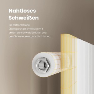 Detailaufnahme: Nahtlose Schweißtechnik des weißen Emke Heizkörpers mit Mittelanschluss.