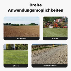 Anwendungsbereiche der Wiltec Wiesenegge: Acker, Garten, Wiese, Schotterstraße. Für Bodenbearbeitung und Einebnung.